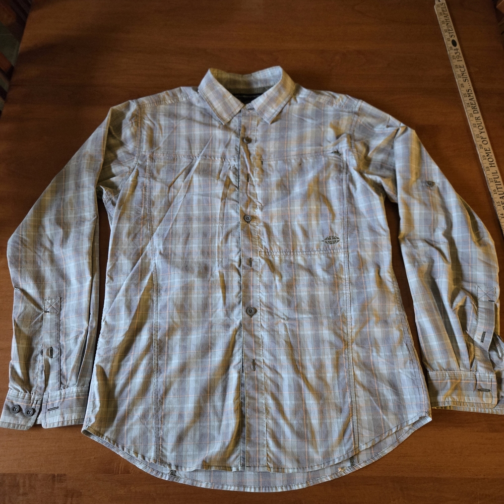 Mens M Technical Exofficio Tan Plaid Hiking Shirt